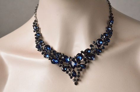 Dramatic Vintage Inspired Fancy Cut Montana Dark Navy Blue Crystal Rhinestone Necklace and Earring Set, Wedding (Sparkle-3171) Special Occasion Jewelry, Rhinestone Statement Necklace, White Jewelry Box, Sparkle Wedding, Necklace And Earring Set, Blue Necklace, Dark Navy Blue, Bridal Pearls, Wedding Jewelry Sets