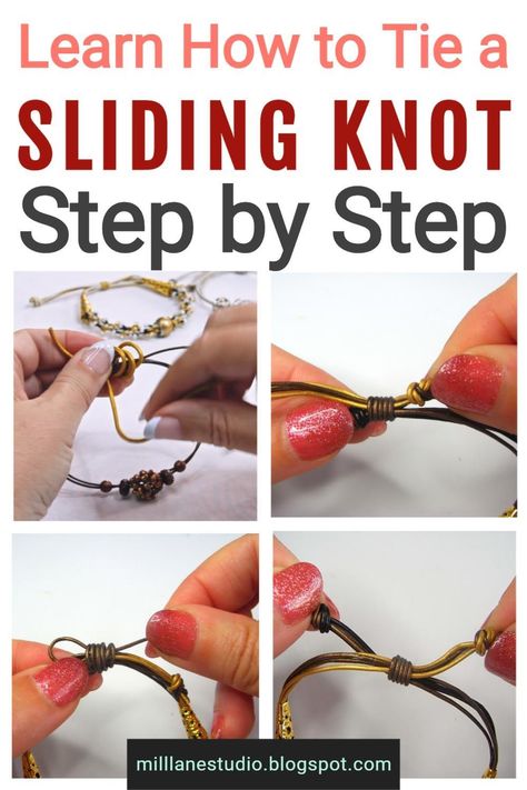 Need a quick and easy way to finish a leather bracelet? Then learn how to tie a bracelet sliding knot instead of using a clasp. It's easy to put on and it's adjustable, so one size fits all. This easy-to-follow tutorial shows you how to tie the knot with clear, step-by-step photos. #MillLaneStudio #adjustablebracelet #leatherknottutorial #howtotieabraceletslidingknot Slip Knot Bracelets, Leather Bracelet Tutorial, Sliding Knot Bracelet, Knotted Bracelet, Diy Bracelets Tutorials, Leather Cord Bracelets, Bracelets Handmade Diy, Making Bracelets, Bracelet Craft Diy