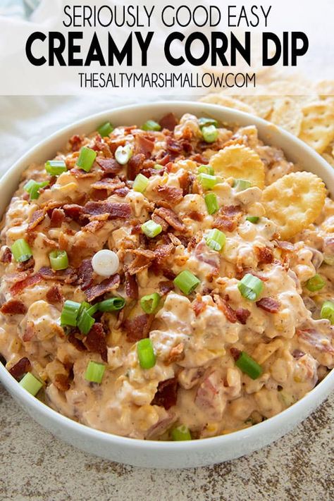 Creamy Corn Dip is so quick and easy to make and loaded up with flavor!  This dip is packed with corn, bacon, green onions, cream cheese, cheddar, and rotel! Corn Dip With Bacon, Creamy Corn Dip, The Salty Marshmallow, Salty Marshmallow, Corn Dip Recipes, Mexican Appetizers, Cheese Cheddar, Corn Dip, Creamy Corn