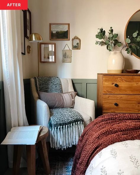 Tiny Spare Room Ideas, Room With Desk Ideas Bedroom, Bungalow Bedroom Upstairs, Bed In The Corner Of The Room Ideas, Slate Bedroom, Corner Of Bedroom, Basement Guest Bedroom, Corner Chair Bedroom, Mexican Farmhouse