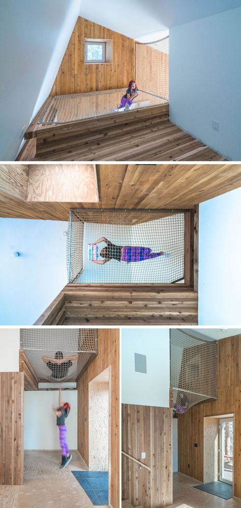 The lofted net in this home provides a fun hideaway for the kids and creates the perfect reading nook. Net Reading Nook, Mezzanine Reading Nook, Magnolia Playroom, Nostalgia House, Loft Net, Hang Out, Indoor Hammock, Houses In France, Modern Extension