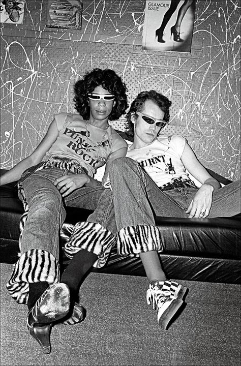 What We Wore: Centuries of Peacocking in NYC -- The Cut   1977 Marsha and Craig wearing “Startling Stuff,” a clothing label by British designers Jim and Pam O’Connor. Jim once told People magazine that “punk clothes, like punk music, are an attack on boredom.” But he also pointed out that wearing punk clothes did not make you a punk. “Lots of people wear Saint Laurent’s peasant collection,” he said, “but that doesn’t mean they want to live in mud huts.” Photograph by Allan Tannenbaum British Punk Fashion, Punk Photoshoot, Punks 70s, Nyc Punk, Jim And Pam, Liz Smith, 90s Punk, 70s Punk, British Punk