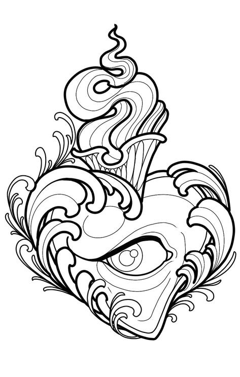 Neotraditional Tattoo Stencil, Neo Traditional Stencil, Flash Tattoo Designs Neo Traditional, Neo Traditional Tattoo Stencil, Neo Traditional Tattoo Flash, Half Sleeve Tattoo Stencils, Sacred Heart Tattoos, Filigree Tattoo, Tattoo Outline Drawing