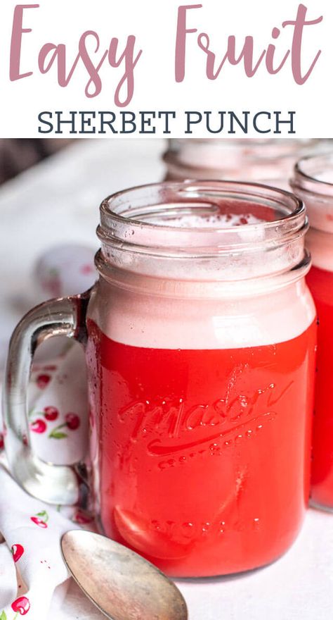 Easy fruit Sherbet Punch recipe with Jello, Kool Aid, pineapple juice and lemon-lime soda. Make any color or flavor you’d like and serve with fruit sherbet on top for that delicious, easy punch! #punch #party #sherbet #sherbetpunch #fruitpunch #partypunch #drinkrecipe Kool Aid Pineapple, Red Punch Recipes, Fruit Sherbet, Caribbean Punch, Mock Cocktails, Punch Party, Red Juice Recipe, Sherbet Punch Recipes, Party Punches