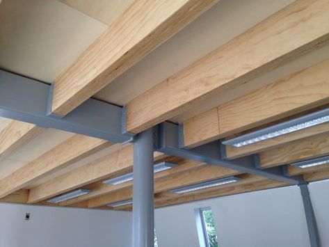 Exposed LVLs Steel Frame Mezzanine, Steel Ceiling, Flat Roof Materials, Framing Construction, Steel Frame House, Timber Frame Construction, Steel Frame Construction, Steel Beams, Exposed Beams