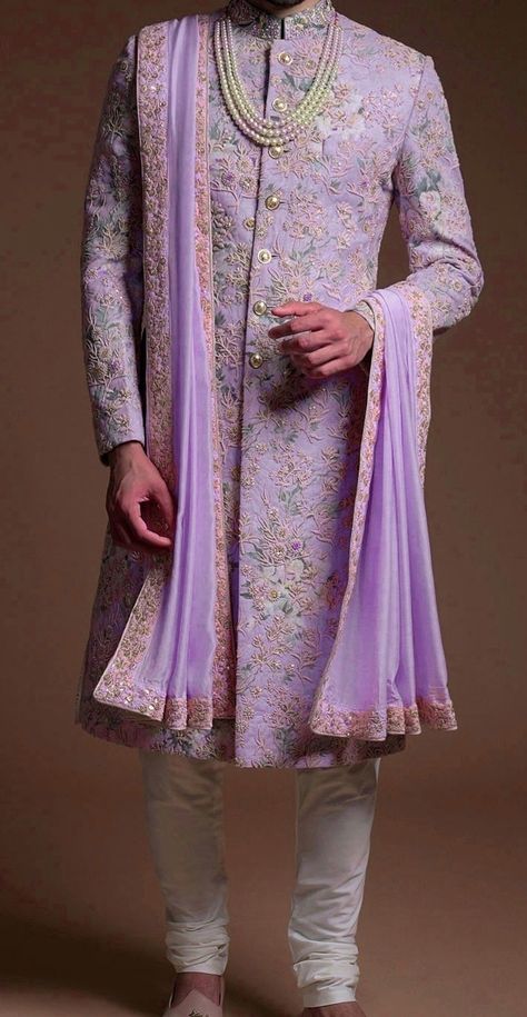 Lavender Sherwani For Groom, Lavender Sherwani For Men, Lavender Kurta Men, Kurta Pajama Men Wedding, Lavender Lehenga, Wedding Matching Outfits, Mansions Interior, Lavender Outfit, Wedding Kurta