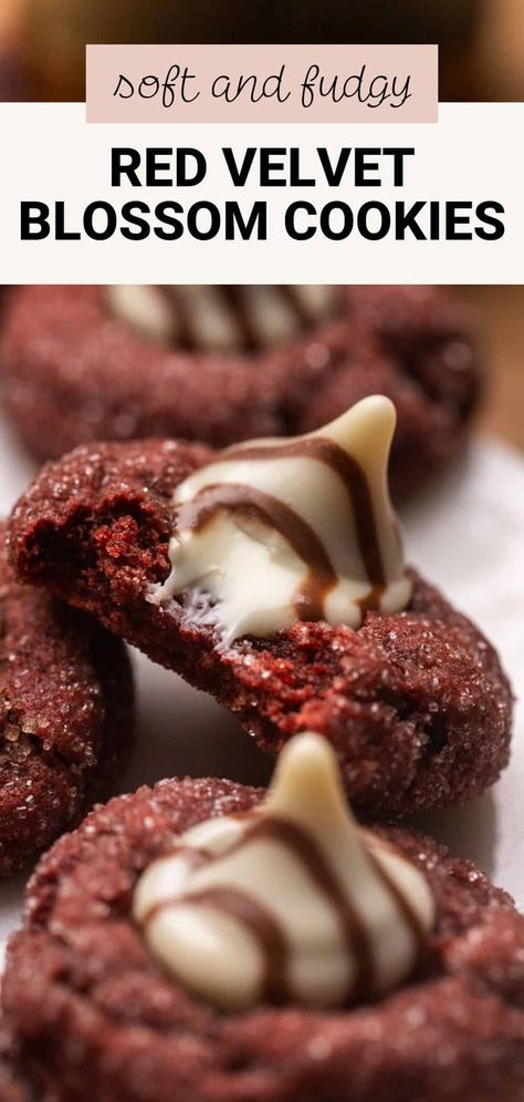 These red velvet blossom cookies are a fun twist on traditional peanut butter blossoms! With a beautiful red color and Hershey’s kisses pressed into the top of each cookie, they’re a perfect treat for Valentine’s Day or the holiday season. These cookies are soft, chewy, and bursting with that classic red velvet flavor we all know and love. Hershey Red Velvet Blossom Cookies, Red Velvet Blossom Cookies, Cookies With Cream Cheese Filling, Red Velvet Cookie Recipe, Red Velvet Desserts, Easy Red Velvet, Red Velvet Flavor, Cookies With Cream Cheese, Butter Blossoms