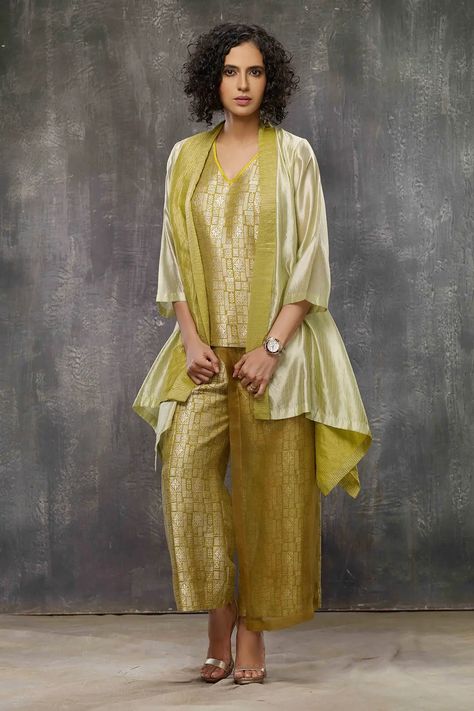 Buy Bodhi Tree Yellow Brocade Silk Woven Asymmetric Jacket Pant Set Online | Aza Fashions Brocade Suits, Bodhi Tree, Asymmetric Jacket, Color Block Jacket, Cotton Clothes, Pant Set For Women, Yellow Silk, Silk Suit, Silk Brocade