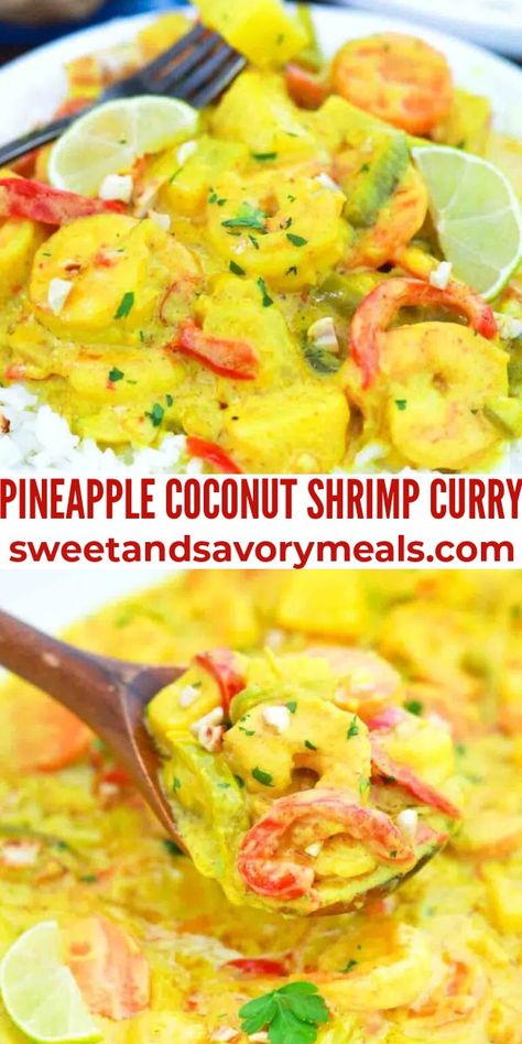 Pineapple Coconut Shrimp Curry is sweet and tangy with a bit of crunch and fresh vegetables, coated in a creamy and flavorful coconut sauce. Pineapple Shrimp Curry, Shrimp Curry Recipe, Coconut Shrimp Curry, Light Eating, Cottage Recipes, Pineapple Curry, Pineapple Shrimp, Coconut Curry Shrimp, Peanut Curry