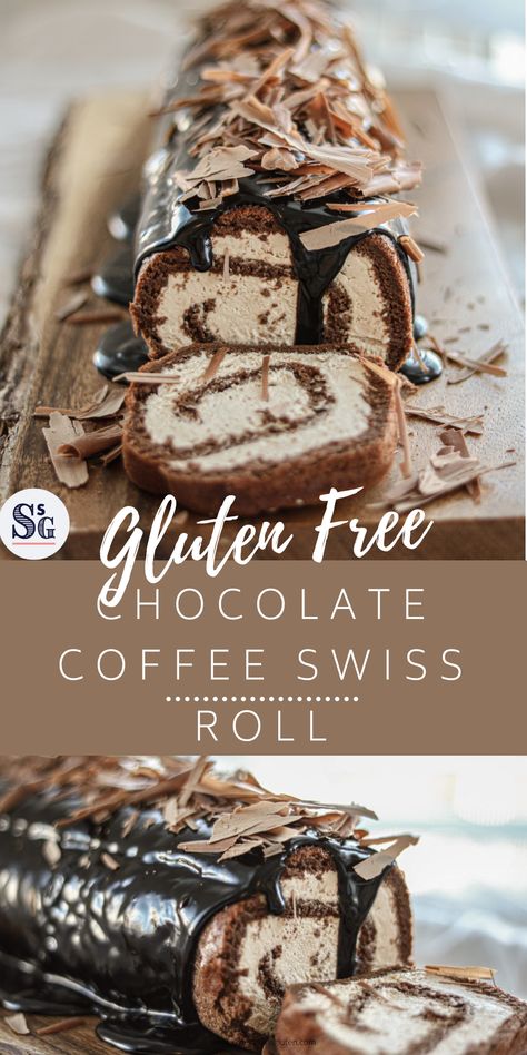 A decadent cake perfect for any craving, this swiss roll consists of chocolate and coffee and is topped with hot fudge sauce! Gluten Free Swiss Roll, Coffee Swiss Roll, Coffee Whipped Cream, Swiss Roll Recipe, Swiss Roll Cakes, Chocolate Fudge Sauce, Flavor Combos, Gluten Free Milk, Fancy Foods