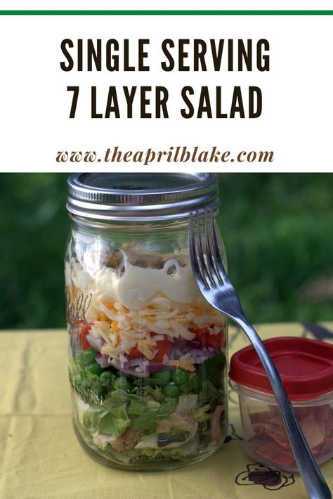 Single serving seven layer salad in a jar. Easy to transport or just have ready to go in the fridge! #salad #saladinajar Fridge Salad, Salad In A Mason Jar, Layered Salads, Millennial Kitchen, Business Conversation, 7 Layer Salad, Layer Salad, Seven Layer Salad, Layered Salad Recipes