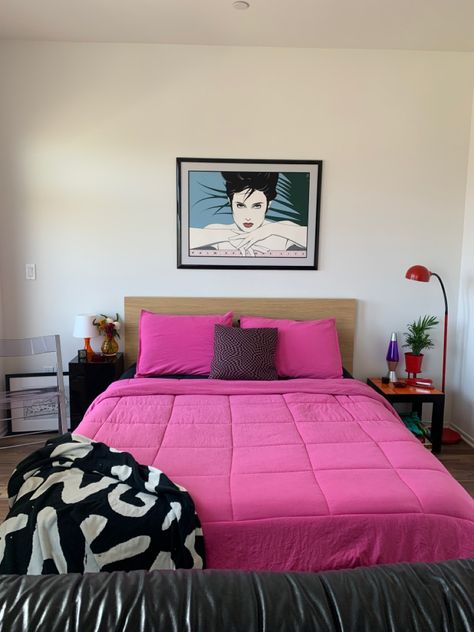 Hot pink bedding. Studio apartment. Hot Pink Bedding Room Ideas, Hot Pink Bed, Hot Pink Comforter, Colorful Studio Apartment, Hot Pink Bedding, Bright Pink Sheets, White Hot Oink Bedding, Brown Walls, White Room