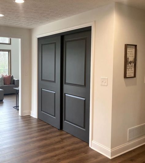 Sw Tricorn Black Interior Doors, Iron Ore Pairing Colors, Black Door Colors Sherwin Williams, Tricorn Vs Iron Ore, Iron Ore Painted Doors, Iron Ore Front Door Entrance, Tricorn Black And Mindful Gray, Iron Ore Built In Cabinets, Iron Ore Entryway Wall