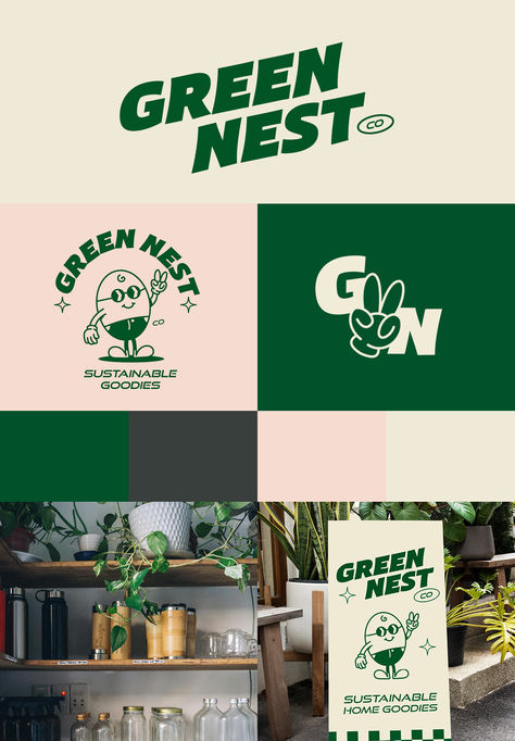 Brand board for a sustainable home goods store called Green Nest Co. Community Garden Branding, Eco Friendly Branding Design, Sustainable Logo Design Branding, Eco Friendly Graphic Design, Plant Branding Design, Forest Green Branding, Sustainable Brand Logo, Sustainable Fashion Branding, Sustainable Brand Identity