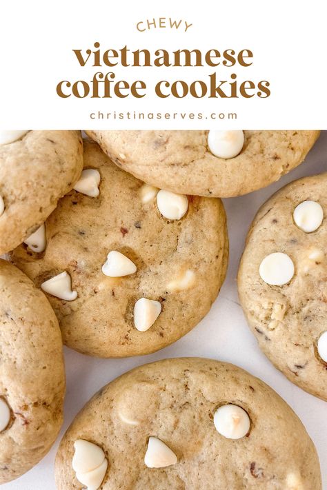 This recipe is a blend of aromatic Vietnamese coffee and creamy white chocolate in a perfectly baked cookie. The cookies have a crisp exterior and chewy centre, with the rich coffee undertones beautifully balancing the creamy sweetness of the white chocolate chips. Vietnamese Coffee Cookies, Cookies Soft And Chewy, Asian Dessert Recipes, Classic Cookies Recipes, Cookies Soft, Vietnamese Coffee, White Chocolate Chip Cookies, Coffee Cookies, Tea Cookies