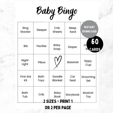 60 Baby Shower Bingo Cards | Unique Prefilled Baby Bingo Game Cards | Baby Gift Bingo Cards | Baby Shower Bingo Game | Minimalist Baby Bingo Gift Bingo, Baby Shower Unique, Free Printable Bingo Cards, Bingo Online, Free Bingo Cards, Bingo Template, Bingo Set, Twin Shower, Bingo Cards Printable