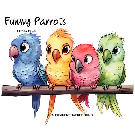 Parrot Illustration Cute, Cartoon Birds Cute, Exotic Drawing, Exotic Illustration, Cute Bird Illustration, Cute Animals Illustration, Parrot Clipart, Parrot Illustration, Parrot Cartoon