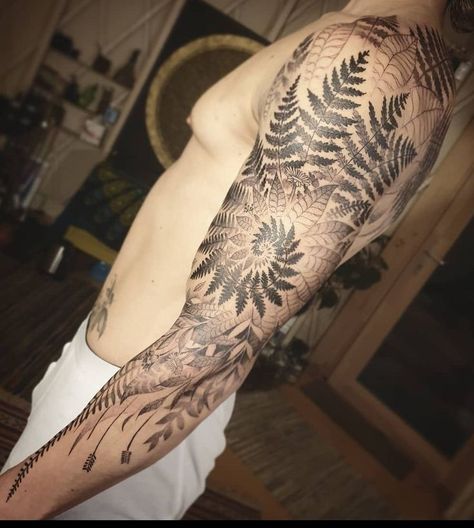 Fern Geometric Tattoo, Fern Elbow Tattoo, Fern Bicep Tattoo, Fern Face Tattoo, Botanical Tattoo Sleeve Men, Moss Tattoo Nature, Sacred Geometry Neck Tattoo, Mandala Nature Tattoo, Earthy Tattoos Nature Sleeve