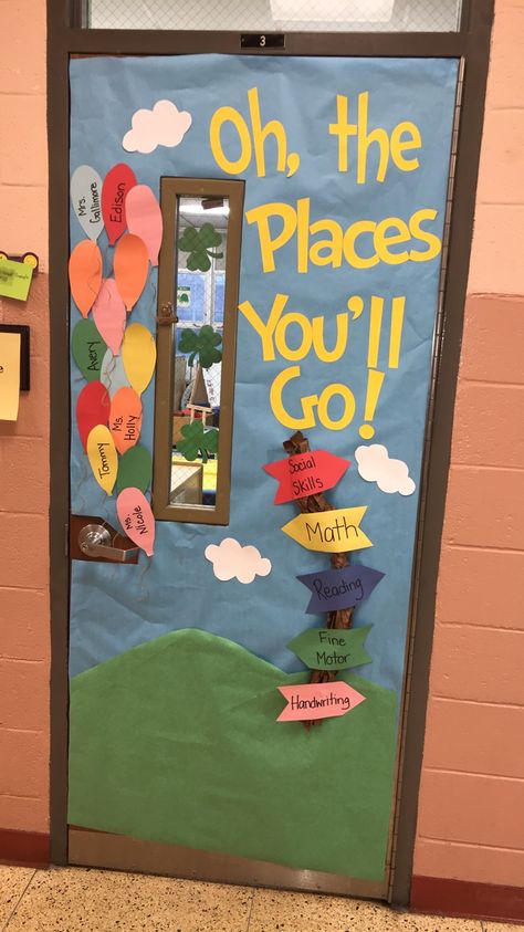 Oh the places you’ll go -Dr Seuss month classroom door decoration Oh The Places You’ll Go Classroom Door, Oh The Places You Will Go Door Ideas, Oh The Places You’ll Go Door Decoration, Dr Seuss Door Decorating Ideas Teachers, Dr Seuss Classroom Door Decorations, Dr. Seuss Door, Dr Seuss Classroom Door, Corner Decorations, Future Educator