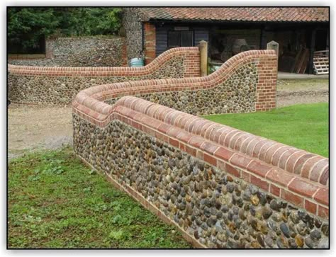 Wall Coping Ideas, Gravel Edging, Flint Wall, Entrance Gates Driveway, Fencing Design, Brick Wall Gardens, Norfolk Cottages, Brick Courtyard, Stone Walls Garden