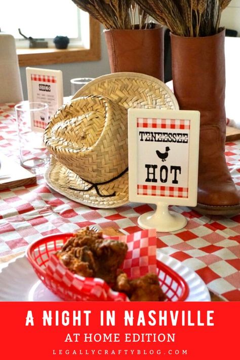 Quarantine doesn't mean that you still can't travel to your favorite destinations! Learn how to throw a Nashville themed family dinner or take these tips and pick any destination of your choosing! #dinnerparty #stayhome #quarantinefun #quarantineideas #themedinner #familydinnernight #tablescapes #tablesetting #diychargers Nashville Themed Party Decor, Nashville Decorations, Nashville Themed Party, Grilled Bread Recipes, Themes Dinner Nights, Kid Dinner, Nashville Party, Family Dinner Night, Theme Nights