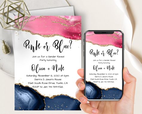 Excited to share this item from my #etsy shop: Pink And Navy Blue Gender Reveal Phone Evite+Printable Invite, Agate Geode, Watercolor Splash, Reveal Party, Boy Or Girl, He Or She, Gold