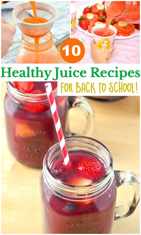 10 Healthy Juice Recipes for Back to School! Pack these healthy juice drinks with you kiddos lunch and they will have a homemade and healthy nutritious drink. Grape Juice Recipe, Juice Recipes For Kids, Fruit Punch Recipe, Healthy Drinks For Kids, Fresh Juice Recipes, Fruit Juice Recipes, Breakfast Juice, Healthy Juice Drinks, Homemade Juice