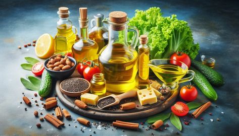 The image features a clear glass bottle of canola cooking oil, elegantly displayed on a wooden kitchen countertop. The bottle is filled with a vibrant golden liquid, showcasing its purity and quality. A label on the bottle highlights key details, including its nutritional benefits, high smoke point, and versatility in cooking. In the background, fresh canola flowers and seeds are artistically arranged, emphasizing the oil's natural origins. This visually appealing composition captures the essence of canola oil as a staple in healthy cooking, inviting viewers to explore its many culinary uses. Types Of Cooking Oil, Garlic Breath, Egg Drop, Preserved Lemons, Cooking Oils, Dessert Sauces, Healthy Balance, Food Facts, Canola Oil