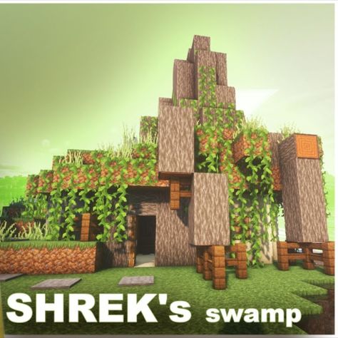 Minecraft tutorial how to build a shrek house Minecraft Shrek Swamp, Shreks Swamp Minecraft, Shrek Minecraft Build, Disney Minecraft Ideas, Minecraft Disney Buildings, Swamp Builds Minecraft, Swamp Minecraft House, Disney Minecraft Builds, Minecraft Disney Builds