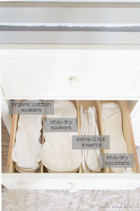 Our Cloth Diaper Storage and Organization System | Table and Hearth Cloth Diaper Organization, Dresser Organization Ideas, Baby Dresser Organization, Nursery Organization Diy, Cloth Diaper Storage, Nursery Dresser Organization, Pack And Play Sheets, Nursery Closet Organization, Baby Nursery Organization