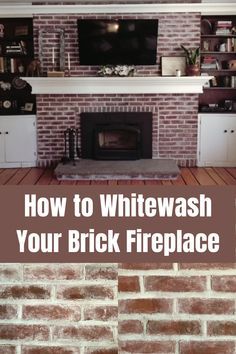 White Wash Red Brick Fireplace, Whitewashed Red Brick, Whitewash Red Brick, Red Brick Fireplace Mantle, Fireplace Makeover With Built Ins, Red Brick Fireplace Makeover, Brick Whitewash, Redo Fireplace, Diy Brick Fireplace Makeover