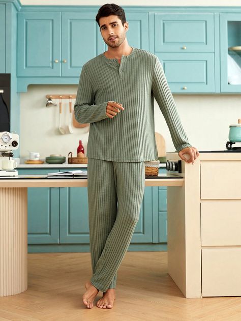 Army Green  Collar Long Sleeve  Plain Pajama Sets Embellished Medium Stretch  Men Loungewear Loungewear Outfits Men, Lounge Wear For Men, Mens Lounge Wear, Ss23 Men, Lounge Wear Men, Mens Pyjamas, Men Sleepwear, Men Pajamas, Men Loungewear