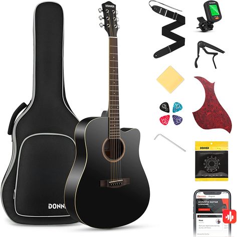 Great kit here! This has a tuner, capo, a bag for travel, a strap, extra pics, and cleaning cloth. Excellent choice for beginners. Give dad a gift he will enjoy for years to come!!! Black Acoustic Guitar, Beginner Guitar, Guitar Kits, Guitar Bag, Hand Design, Guitar Gear, Online Lessons, Guitar For Beginners, String Instruments