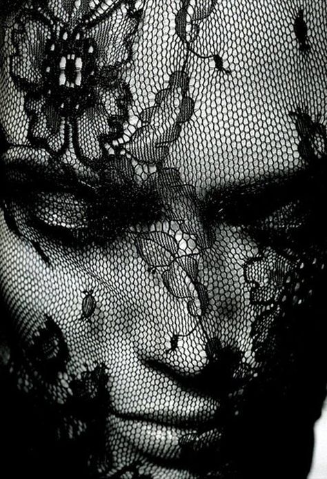 love the lace and face coming behind it.  #nikistrbian Face Lace, Lace Mask, Lace Veils, Dark Beauty, Black Magic, Shades Of Black, Black Is Beautiful, Back To Black, Black And White Photography