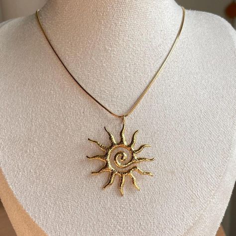 Beautiful Spiral Sun Charm Necklace  18k Gold Plated  Adjustable Length Sun Pendant Necklace, Sun Jewelry Aesthetic, Regretevator Characters, Sun Necklaces, Sol Aesthetic, Sunflower Moon, Sun Clothing, Sun Brooch, Sun Accessories