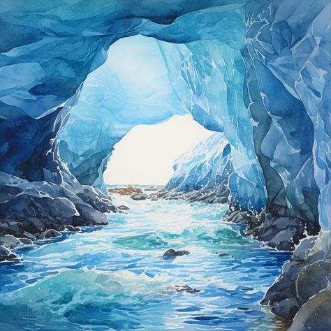 Cave Watercolor, Iceland Watercolor, Arctic Painting, Ice Cave Photography, Cave Illustration, Iceland Painting, Painting Ice, Otherworldly Beauty, Ice Painting