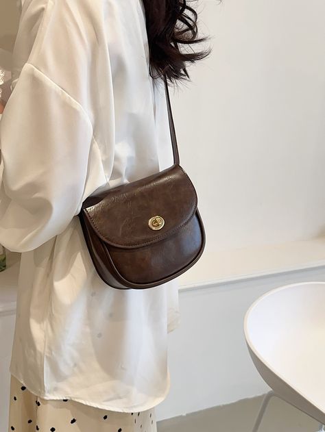 Mini Twist Lock Flap Saddle BagI discovered amazing products on SHEIN.com, come check them out! Japanese Bag, Mini Twists, Brown Crossbody Bag, Color Coffee, Coffee Brown, Saddle Bag, Bird In Bag, Bag Bag, Textures Patterns