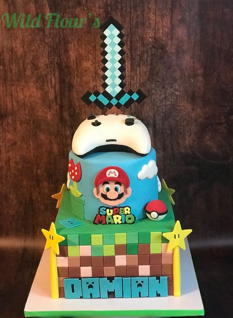 Minecraft, Super Mario Gaming cake. Rice Krispie Treat Xbox controller Mario And Minecraft Cake, Mario Minecraft Cake, Nintendo Cake, Gaming Cake, Pastel Minecraft, Zelda Cake, Star Wars Birthday Cake, Mario Birthday Cake, Mario Bros Cake