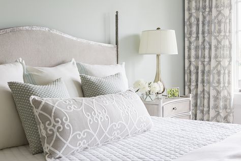 Serene bedroom showing bed and pillows and bedside table Healing Aloe Benjamin Moore, Neutral Bedroom Paint, Color Bathroom Design, Healing Aloe, Popular Paint Colors, Transitional Home Decor, Transitional Bedroom, Favorite Paint Colors, Transitional Living Rooms