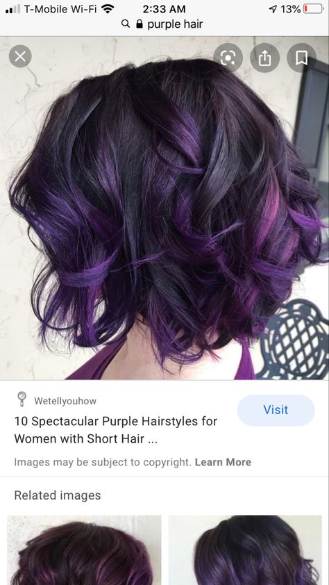 Purple Highlights In Brown Hair Short, Purple Black Hair Color Short, Purple Hair Bob Short, Purple Peekaboo Highlights Short Hair, Short Dark Brown Hair With Purple Highlights, Purple Tips Short Hair, Purple And Black Short Hair, Black Hair With Purple Highlights Short, Short Purple Ombre Hair