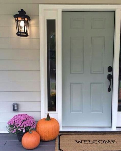 Front door is "Oyster Bay" by Sherwin Williams.  Nice blue green paint colour fcr curb appeal Painted Exterior Doors, Exterior Door Designs, Green Front Doors, Door Colors, Door Paint Colors, Oyster Bay, Painted Front Doors, Green Paint Colors, Sherwin Williams Paint Colors