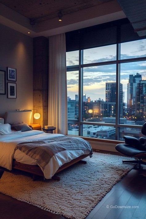 Meanwhile, this bedroom is the epitome of urban chic, with floor-to-ceiling windows offering gorgeous views of the cityscape. Floor To Ceiling Windows Apartment, Tall Ceilings Bedroom, Compact Bedroom, Cozy Bedrooms, Tall Windows, Small Bedrooms, Tall Ceilings, Floor To Ceiling, New York Apartment