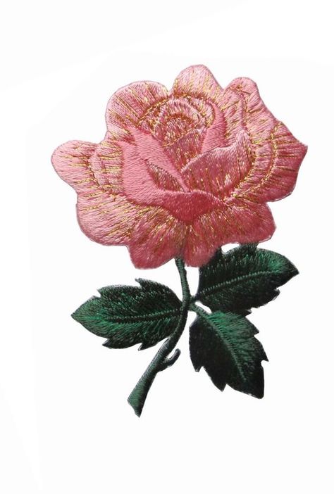 Rose Flower Embroidery, Leaves Embroidery, Rose Patch, Rose Applique, Floral Embroidery Patterns, Pink Rose Flower, White Cloth, Embroidery Flowers Pattern, Flower Patch