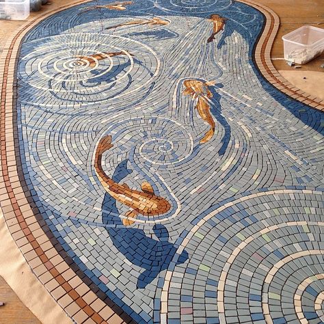 The new fishpond mosaic completed and ready for installation #mosaics Room Asthetics, زجاج ملون, Carpe Koi, Pebble Mosaic, Random Ideas, Mosaic Garden, Mosaic Flooring, Mosaic Projects, Mosaic Designs