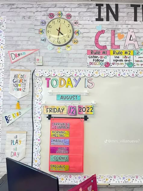 Subject Bulletin Boards, Classroom Information Bulletin Board, Class Information Bulletin Board, Classroom Standards Display Bulletin Boards, Classroom Smartboard Decor, Pastel Classroom Bulletin Boards, Daycare Room Design, Classroom Vibes, 2024 Classroom