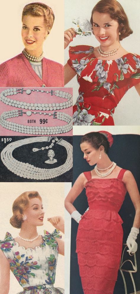 1950s jewelry - ladies in pearl necklaces and earrings 1950s Accessories, 1950s Jewelry Style, 50s Jewelry, 1950s Costume, 1950s Jewelry, Star Charm Necklace, Vintage Lifestyle, Fashion 1950s, Ideas Vintage