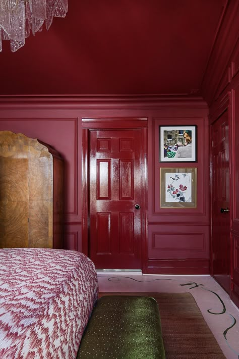 IMG_8598 Fabric Wall Bedroom, Maroon Wall Paint Ideas, Wild Currant Sherwin Williams, Colour Flooding Interior, Guest Room Colorful, Maroon Bedroom Walls, Dark Red Accent Wall Bedroom, Oxblood Walls, Red Painted Room