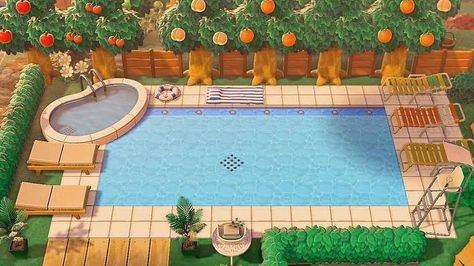 Animal Crossing Pool Area, Acnh Pool Area Ideas, Anch Codes, Acnh Tropical, Animal Crossing Cafe, Stardew Valley Layout, Animal Crossing Guide, Outdoor Bath, Tropical Animals