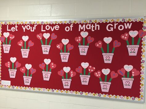 Valentine's Day bulletin board Math Valentine Bulletin Board, February Bulletin Board Ideas Kindergarten, Valentine’s Day Bulletin Board Ideas, Valentine’s Day Bulletin Board, Bulletin Board Valentines, Valentines Daycare, Valentines Bulletin Boards, February Bulletin Board Ideas, Elementary Valentines