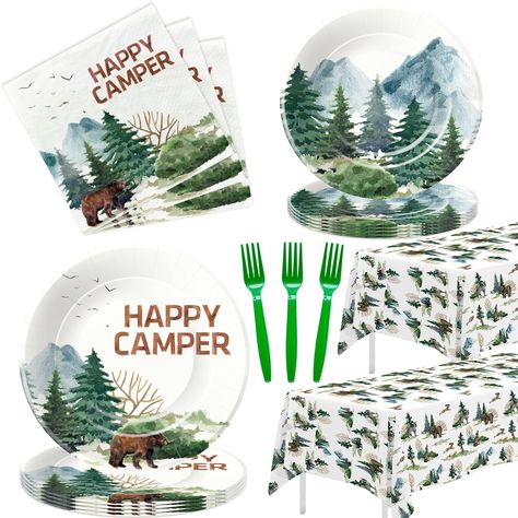 PRICES MAY VARY. 【Camping Theme Party Design】Are you want to prepare camping birthday party supplies? our boho happy camper birthday decorations dinnerware is designed with the bear, forest tree element pattern and is full of the camping fans party atmosphere and also suitable for girl’s and boy’s birthday parties 【Party Package】This camping theme party supplies included 24pcs 9'' camping plates, 24pcs 7'' happy camper plate, 24pcs paper napkins, 24pcs disposable forks, 2pcs camping birthday tab Camper Birthday Party, Happy Camper Birthday Party, Camping Party Decorations, Bigfoot Birthday, Lumberjack Party, Adventure Party, Camping Theme Party, Adventure Baby Shower, Camping Birthday Party